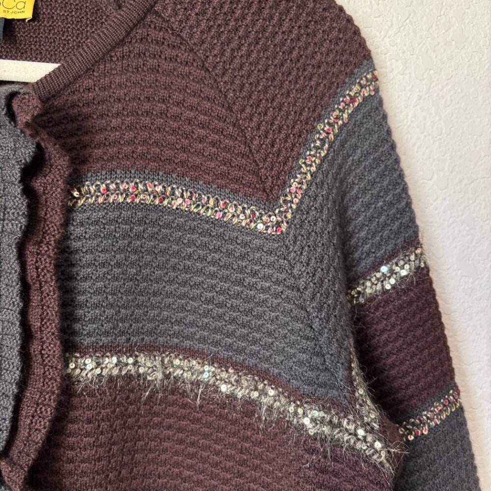 SoCa St. John Luxury Wool Silk Cashmere Striped Ruffle Cardigan Sweater - Picture 4 of 14
